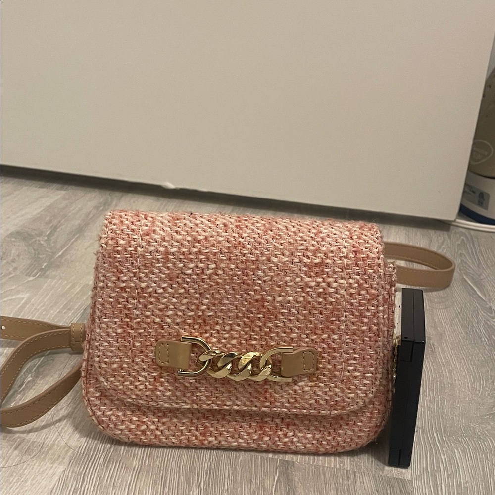 LK Bennett Pink Tweed Crossbody Bag with Gold Chain Accent